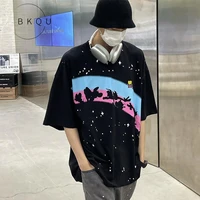 bkqu american t shirts male rainbow printing niche ins popular logo oversize five points with short sleeves