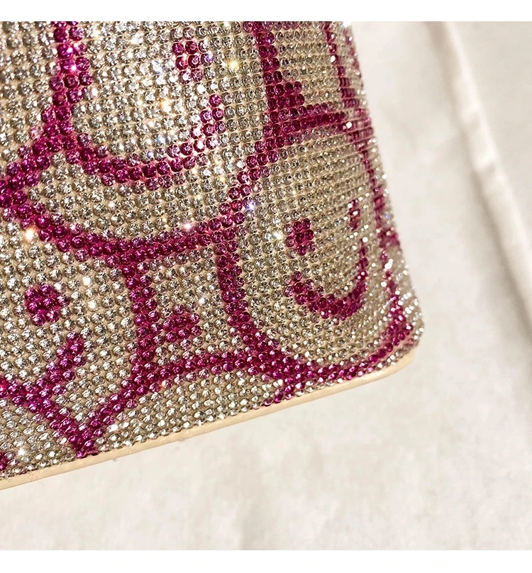 Cute Cartoon Printing Glitter Diamond Rhinestone Bucket Bag Crystal Shiny Evening Clutch Bag Party Bling Purse Women's Handbag