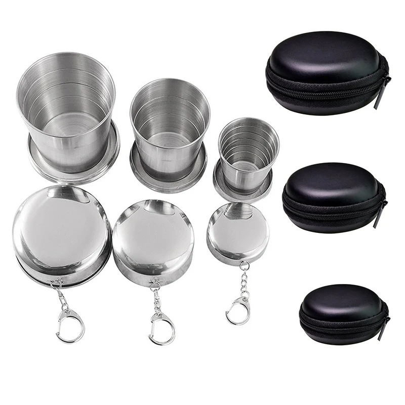 

Stainless Steel Folding Cup with Keychain Camping Folding Cup Travel Outdoor Collapsible Cup with Lid Portable Drinkware