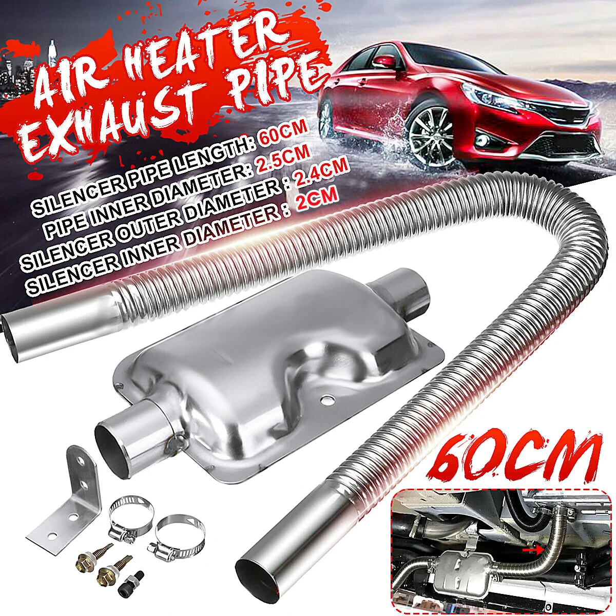 

60cm Air Diesel Parking Heater Stainless Steel Exhaust Pipe Tube Gas Vent Fuel Tank Car Heaters Accessories with Clamps Bracket