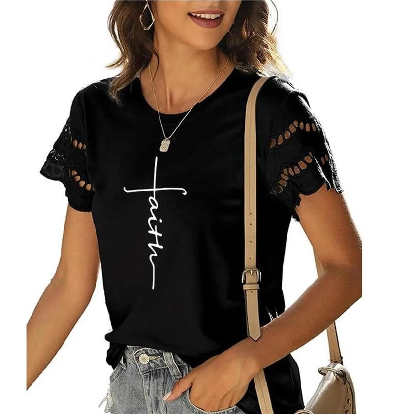 

2022 FAITH Jesus Fashion Women T-Shirt Lace Short Sleeve T Shirt Summer Top Loose Casual T Shirt Harajuku Tops