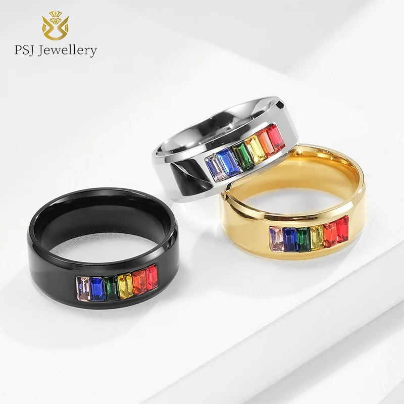 

PSJ Fashion Jewelry High Polished 8mm Silver Gold Plated Rainbow Rhinestone Inlay Titanium Stainless Steel Rings for Unisex