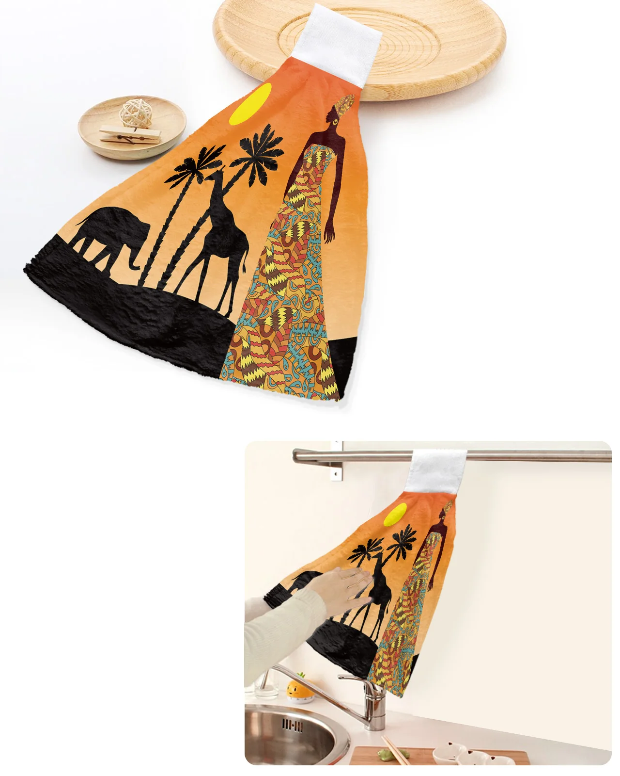 

Africa Sunset Women Elephant Giraffe Hand Towels Home Kitchen Bathroom Hanging Dishcloths Loops Soft Absorbent Custom Wipe Towel