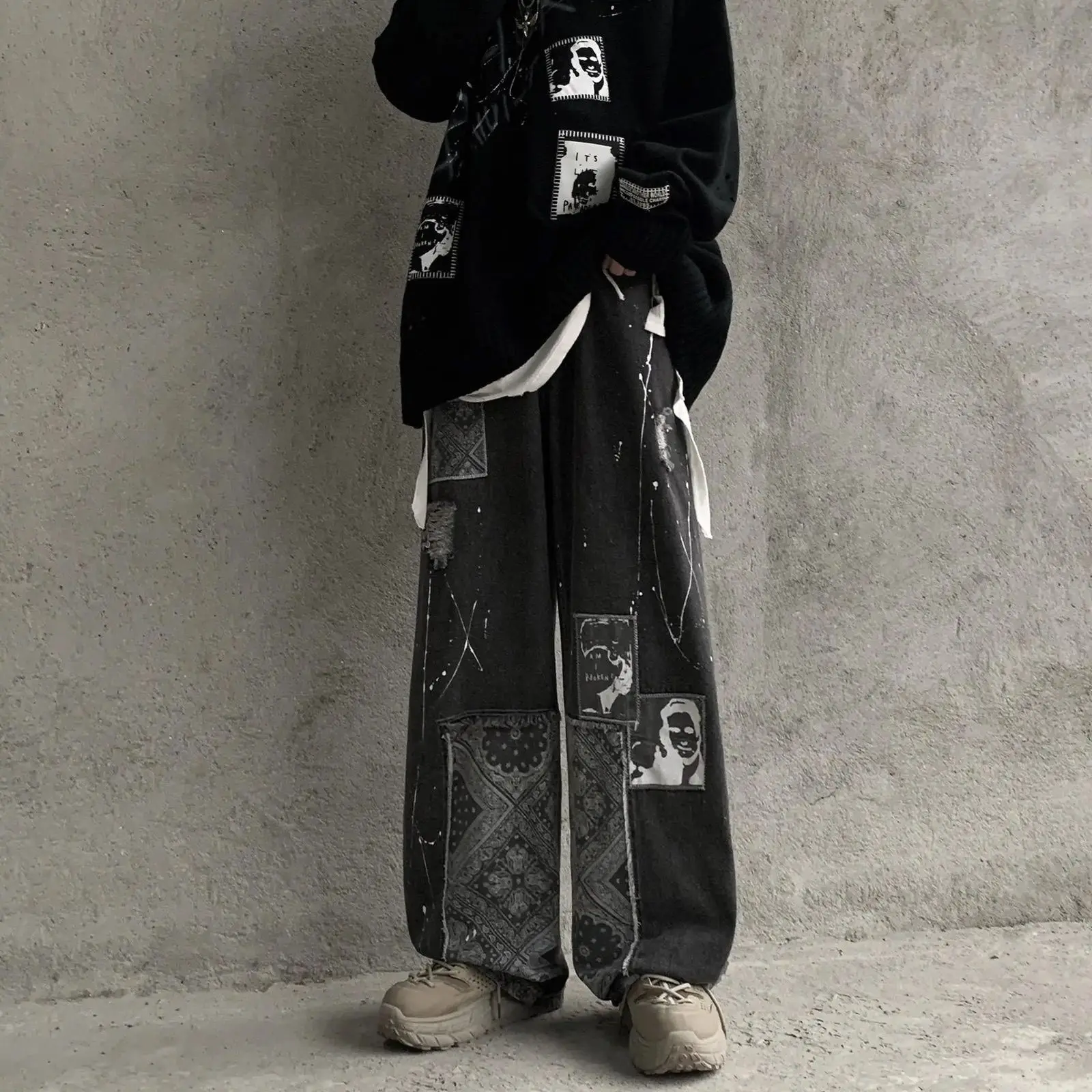 Personalized Hip-hop Street Cashew Flower Straight Tube Pants for Men Washed Antique Trendy Autumn Jeans for Men