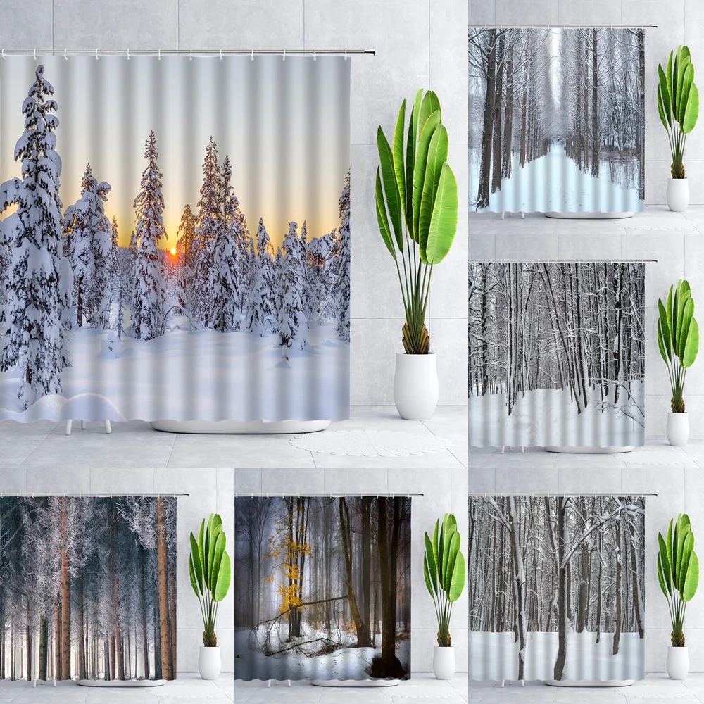 Winter Forest Shower Curtain for Bathroom Sets Snow Outside Natural Scenery Tree Waterproof Fabric Bath Curtains Home With Hooks  - buy with discount