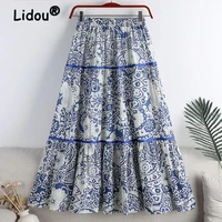spring new womens folk style literature and art retro a shaped skirt blue and white porcelain printed high waist slim skirts