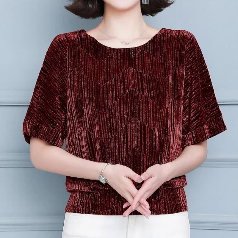 Женская Летняя Блузка Блестящий Топ С Круглым Вырезом Элегантный Повседневный