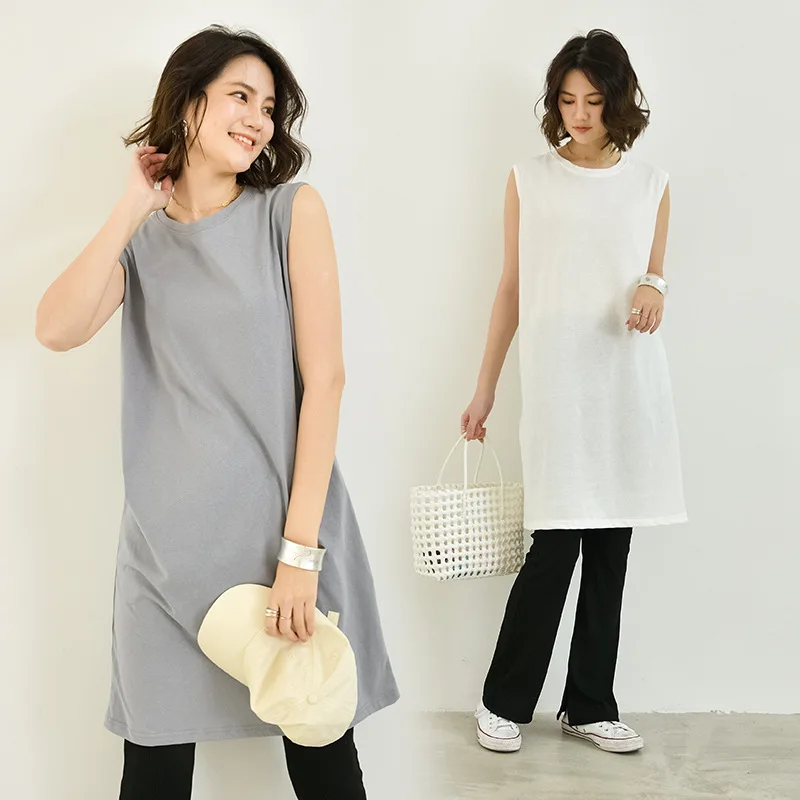 

Новинка лета 2022, модный льняной хлопковый пуловер средней длины, свободная Однотонная футболка без рукавов с круглым вырезом, эксклюзивная ...