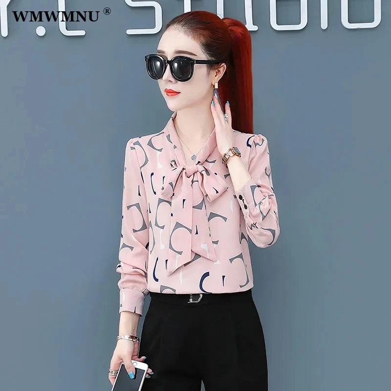 

Женская шифоновая блузка с длинным рукавом, повседневный Свободный пуловер с галстуком-бабочкой, модель 2022 в Корейском стиле