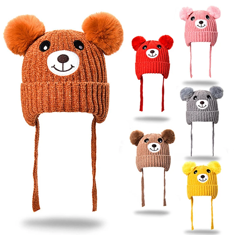 

1PC Winter Pom Baby Winter Cap With Rope Lining Boy Girl Warm Bear Knitted Hat Kids Ear Flaps Knit Hats For Toddler Cap