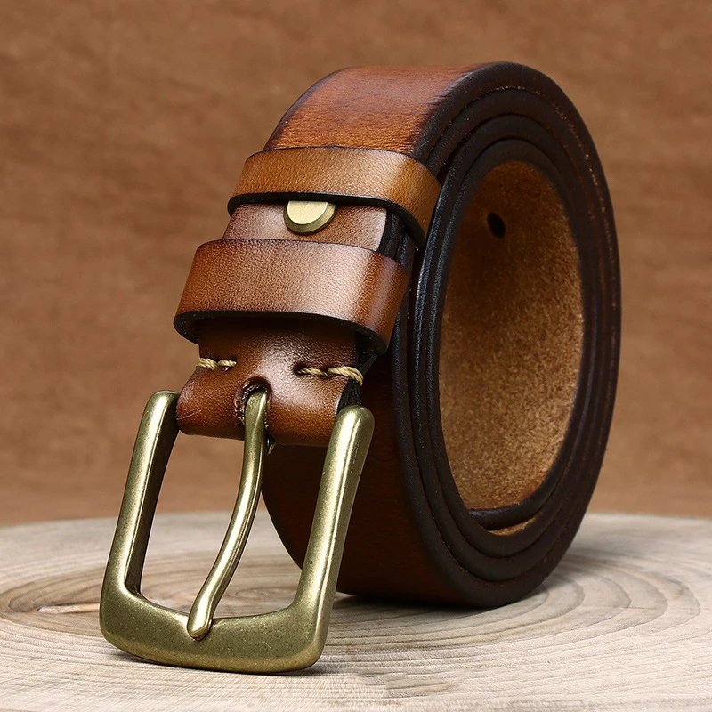 3.8CM High Quality Belt Men's Genuine Leather Top Layer Pure Cowhide Brass Buckle Jeans Belts for Men Luxury Waistband Male