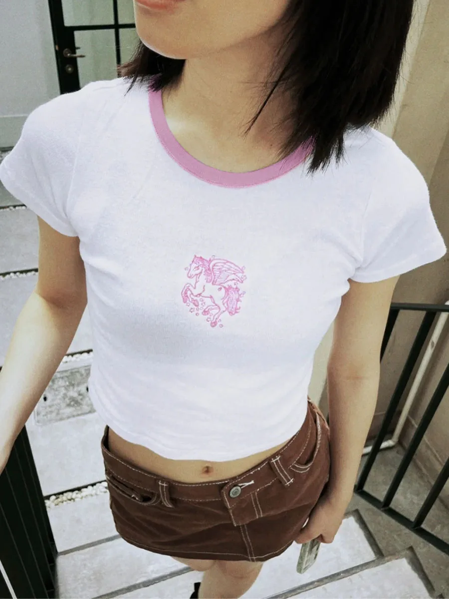 

Vintage Horse Embroidery Crop Top Women Summer Sweet Pink Patchwork Short Sleeve Cotton Y2k Tops Casual Streetwear Slim Crop Top