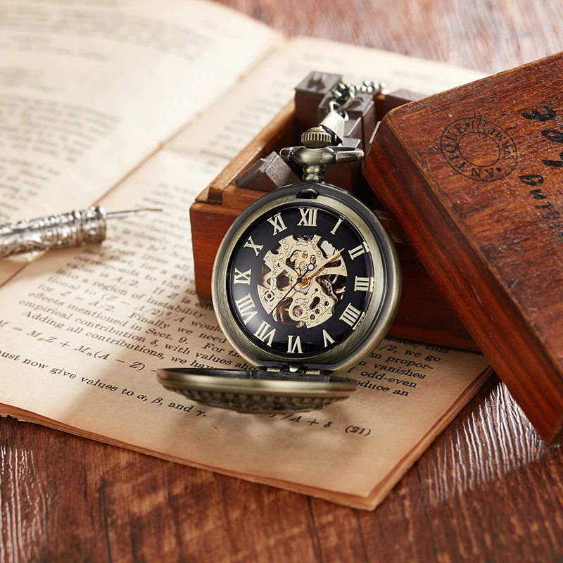 7 Patterns Vintage Mechanical Old Clock Man Pocket Watch Fob Chain Steampunk Skeleton Watches for Man Chinese Factory Pendant