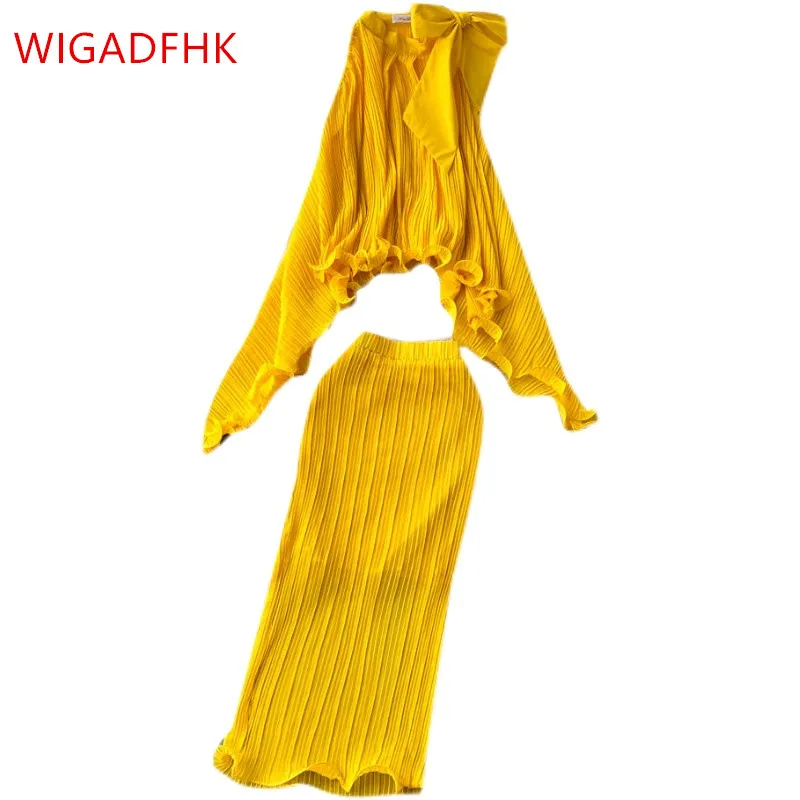 

Chic Design Elegant Suit Skirt Female 2022 Summer Irregular Pleated Short Top High Waist Skirt Western Style Two-piece Set