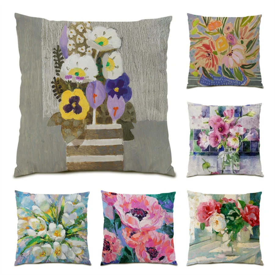 

Flower Cushion Covers 45x45 Velvet Comfortable Decoration Home Decor Sofa Decorative Pillow Cases Painting Polyester Linen E0484