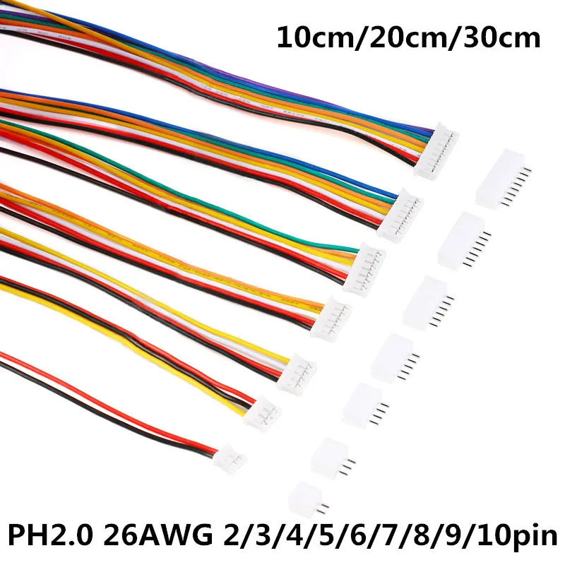 

10Sets Mini Micro JST 2.0 PH Male Female Connector 2/3/4/5/6/7/8/9/10Pin Plug With Terminal Wires Cables 26AWG 10cm/20cm/30cm