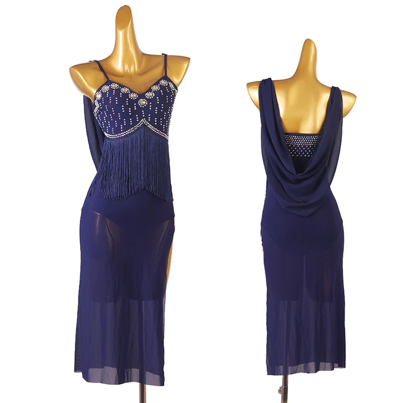 

Latin Costumes Female Elegant Sling Rhinestone Rhinestone Yarn Dress Ballroom Dance Competition Clothes Rumba Clothing DQL7218