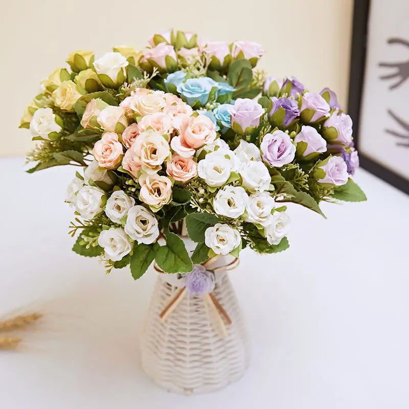 

15 Heads Silk Rose Bouquet Artificial Flowers Mini Rose,DIY Wedding Bouquets Centerpieces Bridal Shower Party Home Decorations