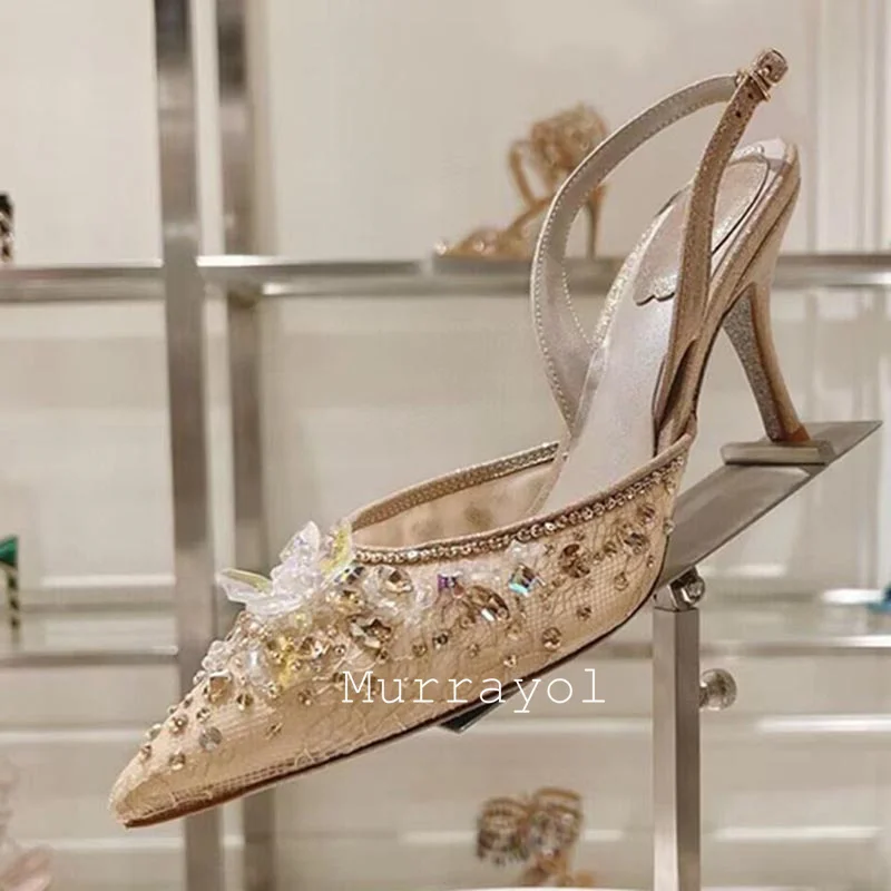 Новые кружевные марлевые босоножки с острым носком на тонком каблуке женские