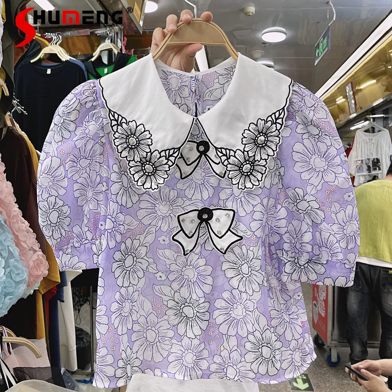 

Ladies Puff Sleeve Embroidery Diamond-Embedded Sheer Top 2022 Summer New Women's Korean Style Bow Flower Pullover Blouses Top