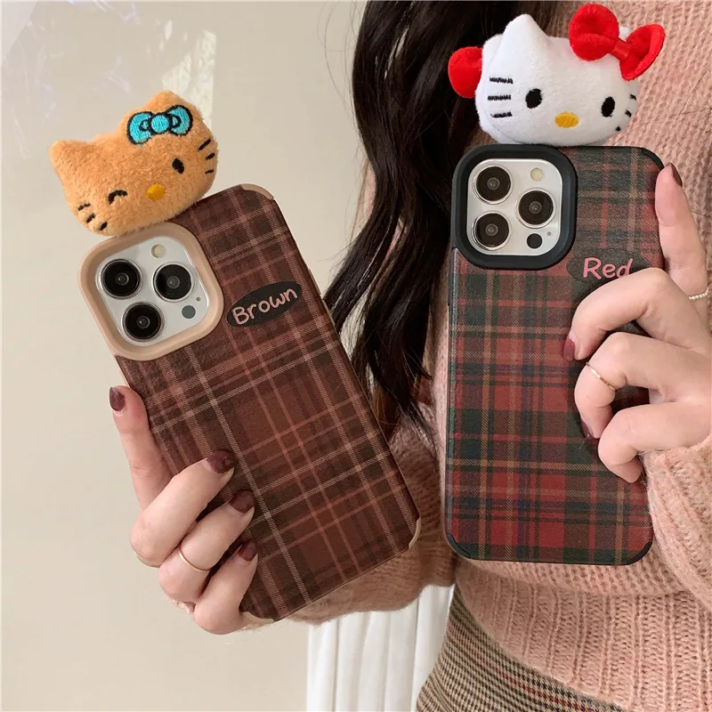 

IPhone15 New Sanrio Kawaii Hellokitty Phone Case Anime Cartoon Brown Plaid Anti Collision Birthday Festival Gift Beautiful Doll