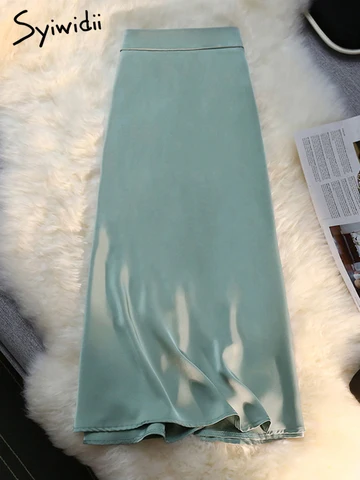 Syiwidii Silk Satin Long Skirts for Women 4 Seasons Elegant Female Midi A Line Skirt Side Zipper Back Elastic Band Fashion Skirt