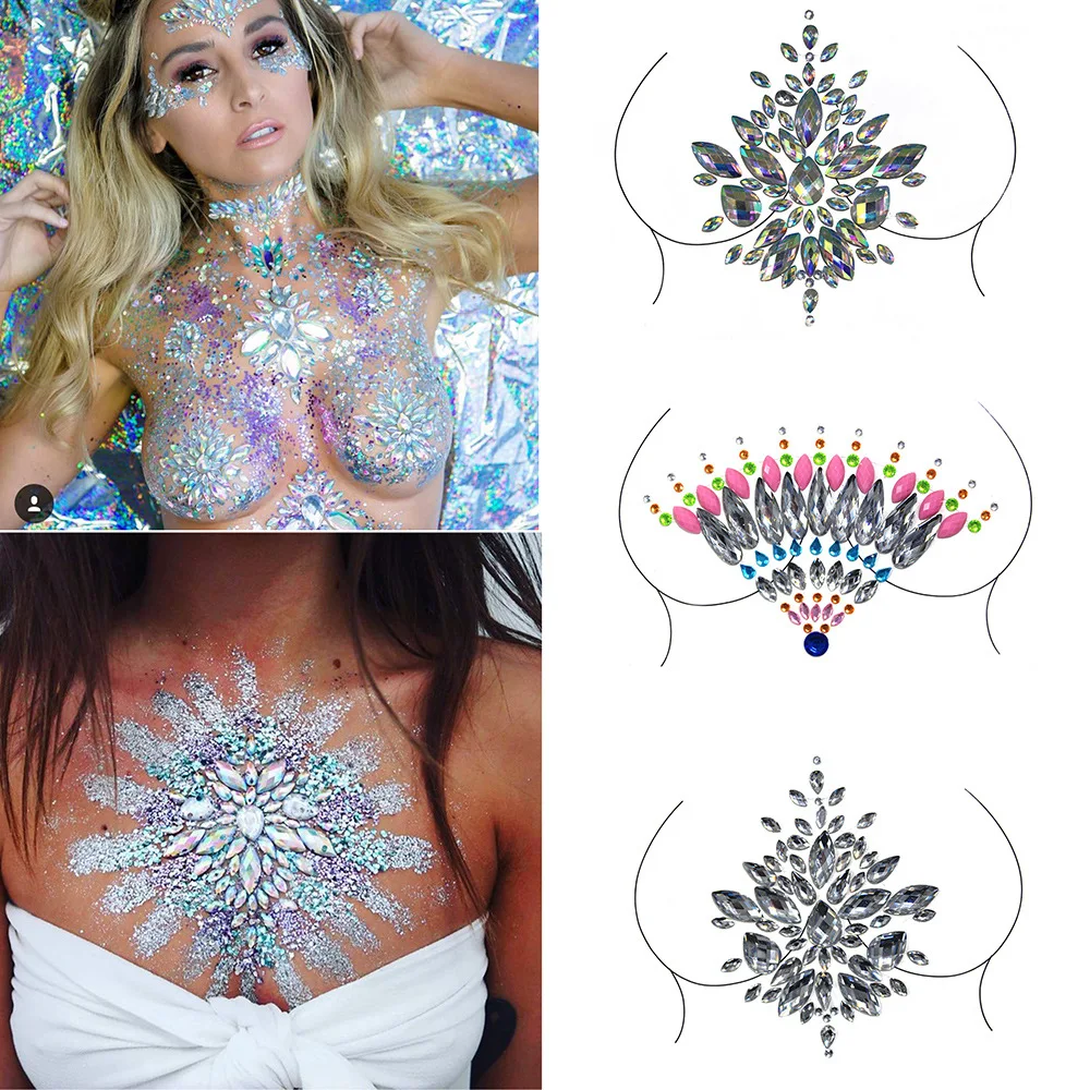 

Rhinestone Chest Jewels Tattoo Stickers Women Fake Temporary Tattoos Crystal Face Decorations Diamond Acrylic Face Eyes Stickers