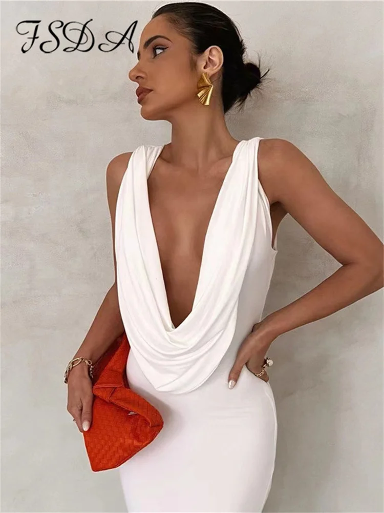 

FSDA Swinging Collar Sleeveless Bodycon Maxi Dress Women Summer Sexy Backless Elegant Party Dresses Clubwear White