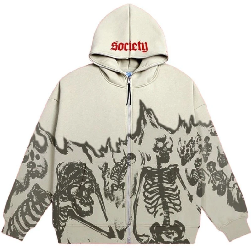 

Men Anime Skull Hoodies Women Vintage Gothic Zip Up Long Sleeve Streetwear Loose Coats Harajuku Letter Print Hooded Sweatshirts
