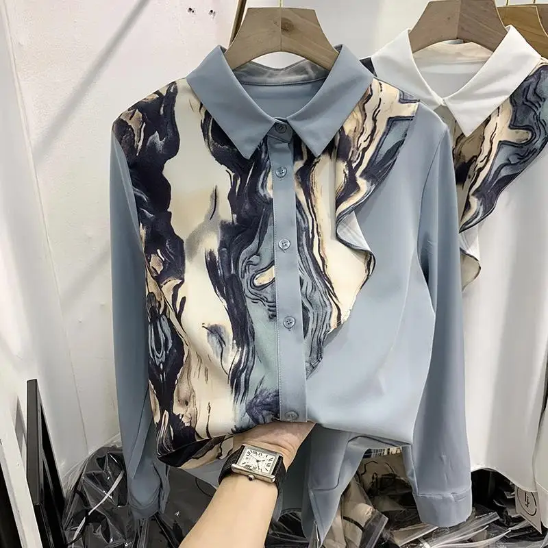 Spring New Polo Collar Ink Painting Printing Long Sleeve Chiffon Shirt Tops Thin Patchwork Blouses Fashion Casual Womne Clothing