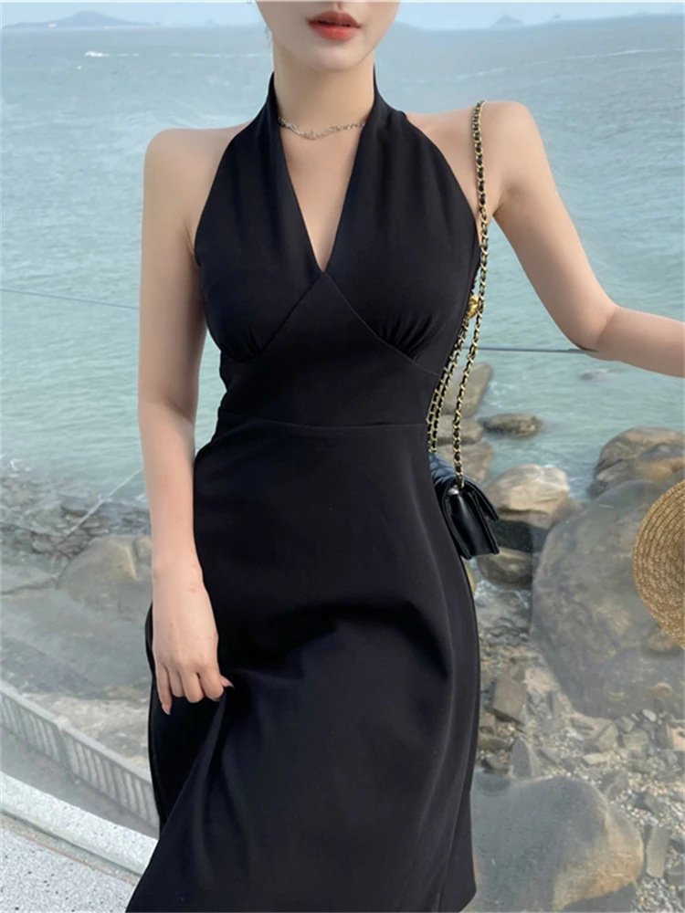 

Summer Women Sexy Sleeveless Halter Midi Dress One Piece Lady Spaghetti Strap Beach Holiday Clthoes Female Fashion Prom Dress