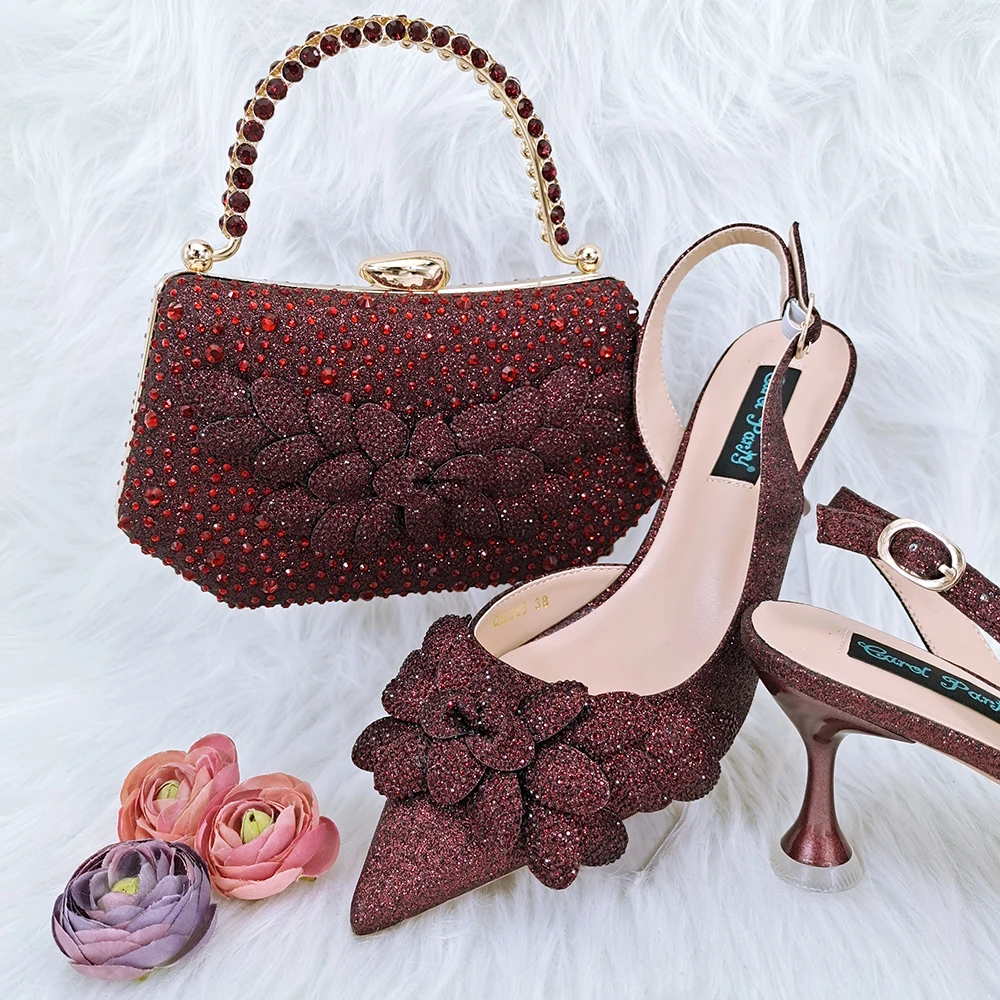 

doershow fashion Shoes and Bag Set African Sets wine Color Italian Shoe Bag Set Decorated with Rhinestone High Quality SFG1-7