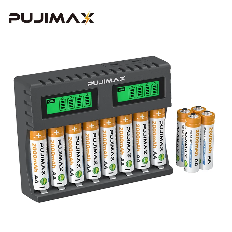 

PUJIMAX Original 8 Slots Smart Battery Charger With 4Pcs 2000mAh AA NiMH Rechargeable Batteries Set For Toy Shaver Alarm Clock