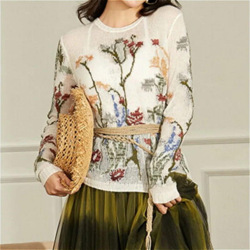 

Женский прозрачный свитер TEELYNN, тонкий Жаккардовый трикотажный пуловер с длинным рукавом и цветочным принтом, осень 2022, винтажный джемпер, свитера