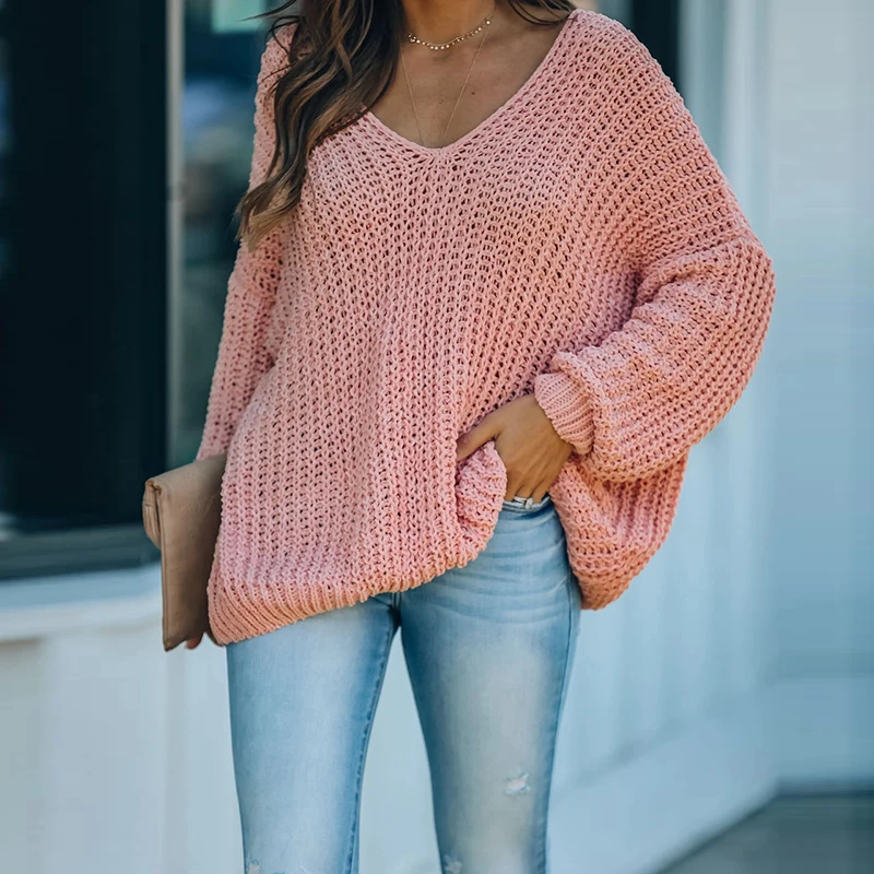 Женский однотонный Повседневный свитер с V-образным вырезом свободный ажурный