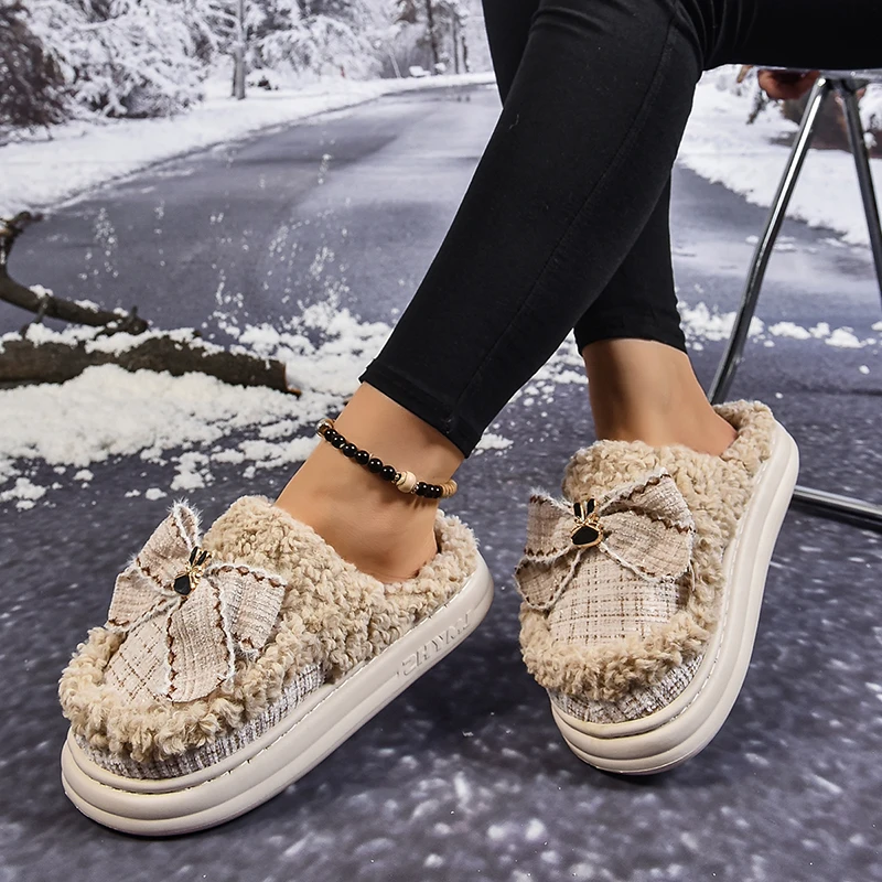 Модные плюшевые домашние тапочки для женщин с узлом-бабочкой теплая