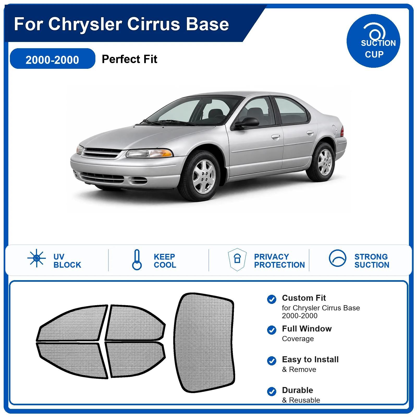 Фото Для Chrysler Cirrus Base 2000-2000: Полный комплект солнцезащитных шторок на лобовое стекло из алюминиевой фольги, теплоизоляционные, с защитой от УФ-лучей, складные №1