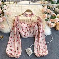 n girls women boho floral blouse korean retro square collar puff sleeve slim tops spring sexy streetwear print short blouses