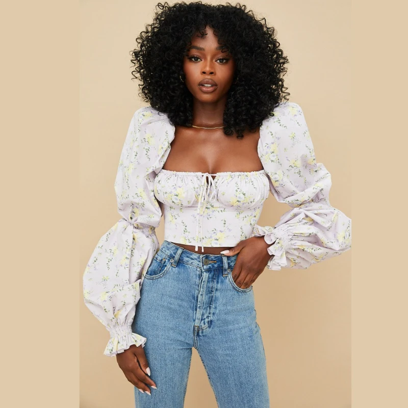 

Tie-up Square Collar Ruched Chest Wrap Crop Tops Fashion Chic Backless Pullovers 2000s Vintage Floral Print Crop Top Autumn