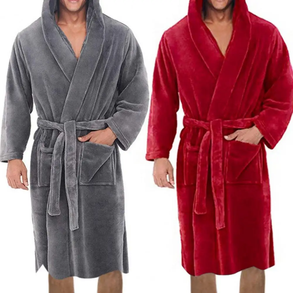 Graceful Bath Robe Autumn Winter Pajamas Robe Solid Color Hooded Pockets Men Plush Sleepwear  Comfortable