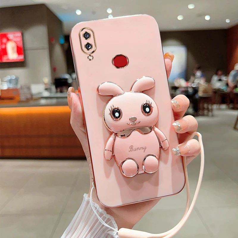 

Cute Cartoon Rabbit Fold Stand For Samsung Galaxy A10S Phone Case With Lanyard Luxury Plating Cover