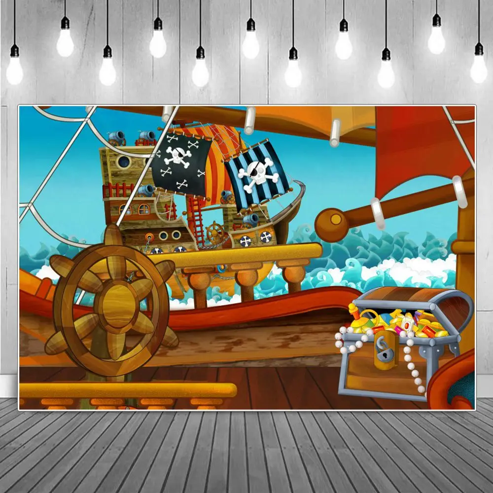 

Pirate Ship Treasure Birthday Decoration Photography Backdrops Sign Boys Adventure Party Photographic Backgrounds Portrait Props