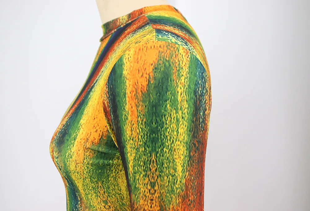 Plus Size Dresses New Fashion Sexy Women's High-necked Long-sleeved Slim Tie Dyed Printed Medium Length Slim Women's Dresses