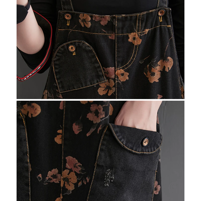 Loose Jeans Black Jumpsuit Women Casual Oversized Baggy Big Pockets Print Floral Denim Overalls Straps Jean Rompers Ladies Pants