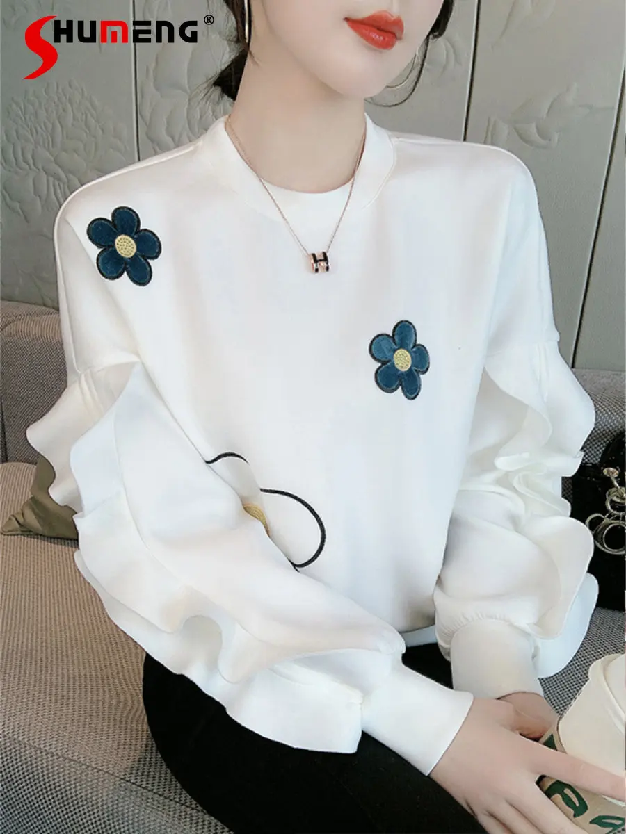 

Round Neck Pullover White Hoodie Coat Women 2022 Autumn New Women Clothes Loose Korean Embroidered Ruffle Sleeve Sweatshirt Top