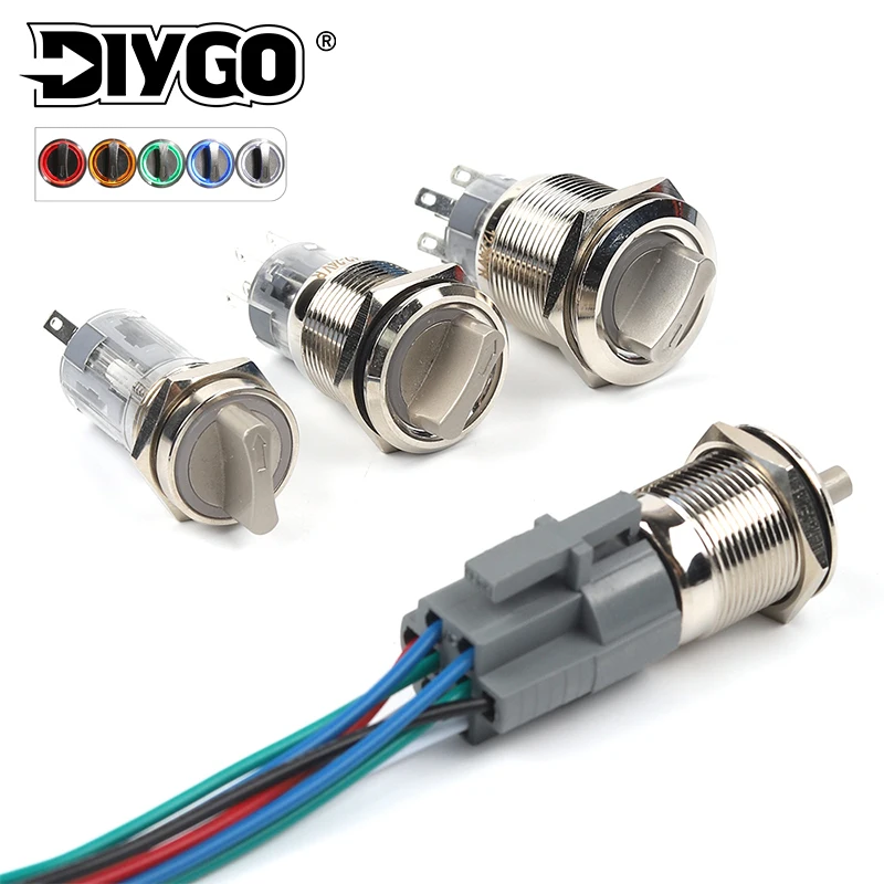 

16/19/22mm 3 Position Knob Switch Self-Return Momentary Self-locking Waterproof DPDT Metal Rotary Switch With LED Light DIY GO