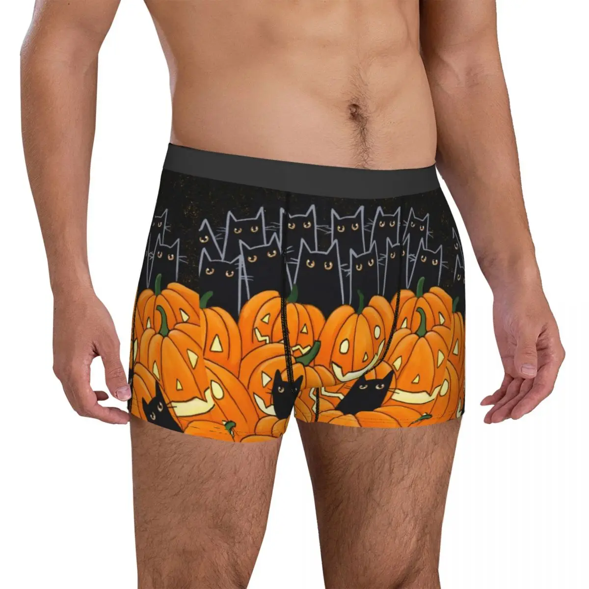 

Halloween Pumpkin Black Cats Underwear Jack o Lanterns Print Trunk Trenky Man Panties Breathable Shorts Briefs Gift Idea