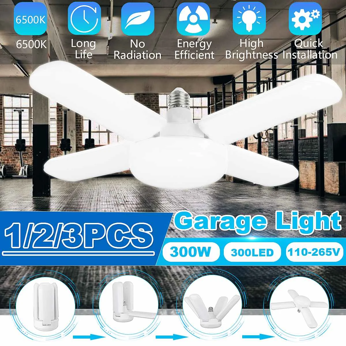 

300W LED Garage Light E27 Ceiling Lamp Panel Adjustable Deformable Foldable Ceiling Light For Storage Warehouse Workshop
