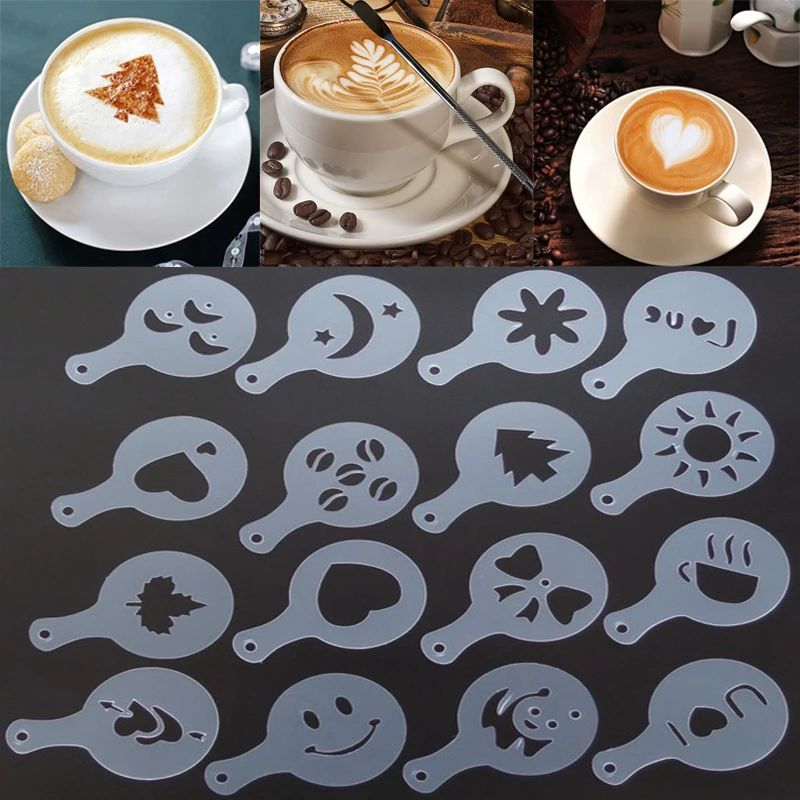 

Fancy Coffee Milk Cupcake Mold Printing Model Thickened Coffee Foam Spray Pattern 16 Sets Cappuccino Template Spray Pad Tool