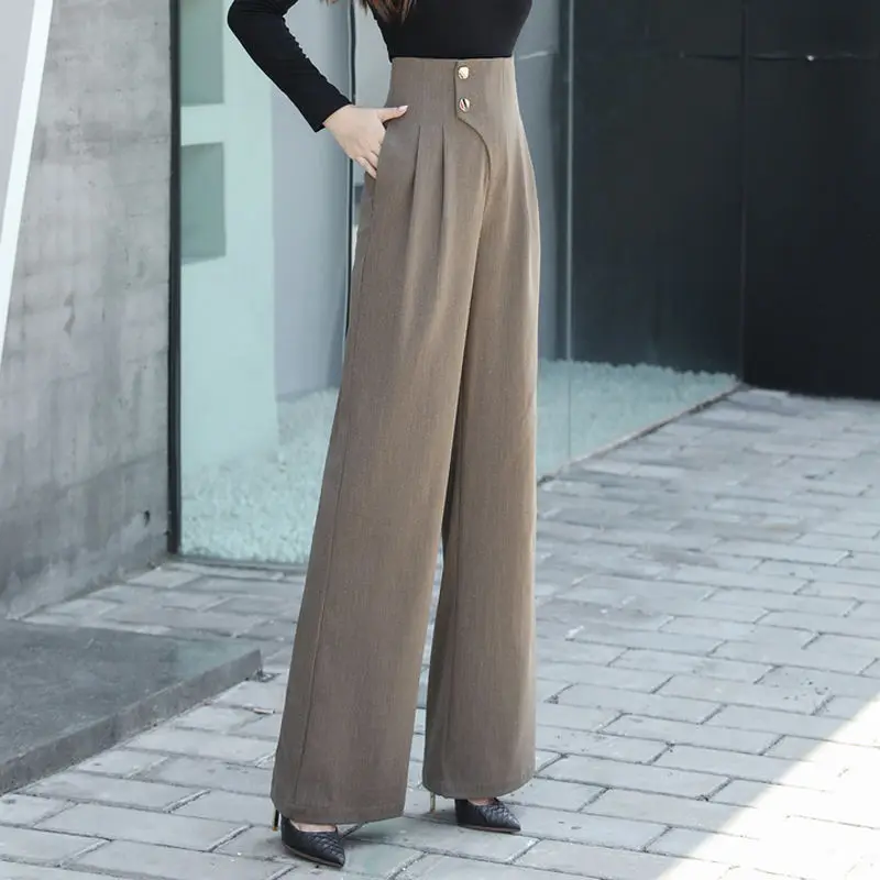 

Women 2022 Spring Summer New Elegant High Waist Wide Leg Pants Office Lady Suit Pant Female Casual Solid Color Trousers H28